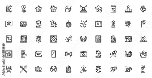 Fame icon set. Celebrity vector collection. Includes VIP, award, microphone, red carpet, gold, spotlight, autograph, stage, diamond and more. Editable line art.