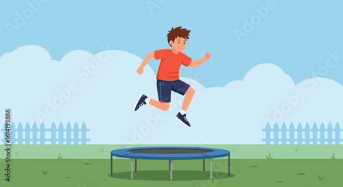 Joyful Boy Leaping High On Trampoline In Backyard During Summertime