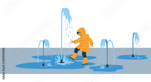 Joyful Child Playing In Interactive Fountain On Summer Day Fun Time