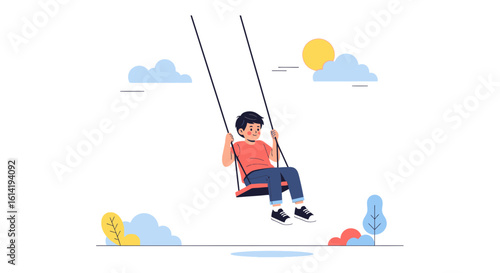 Joyful Childhood Boy Swinging Outdoors Under Sunny Sky Minimalist Illustration
