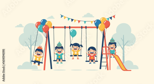 Joyful Children Celebrating On Swings At Birthday Party In Playground