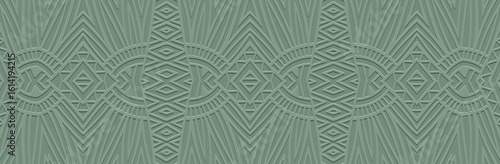 Banner, cover design, mural. Geometric ethnic tribal pattern on green background, embossing. Zentangle, doodling, handwork. Ornaments, arabesques, mandala of the East, Asia, India, Mexico, Aztecs.