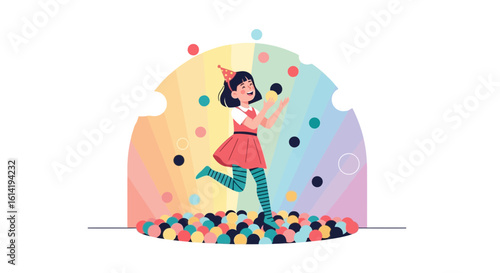 Joyful Girl Celebrates with Colorful Balls in Playful Illustration Style