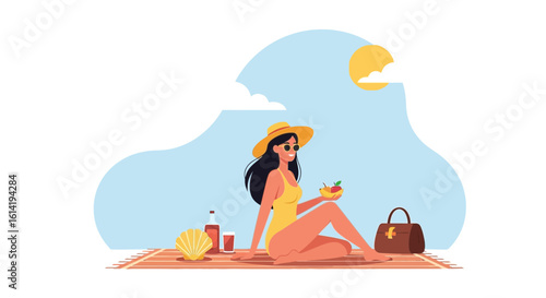 Girl Enjoying Summertime Holiday Vacation On The Beach Sun Bathing