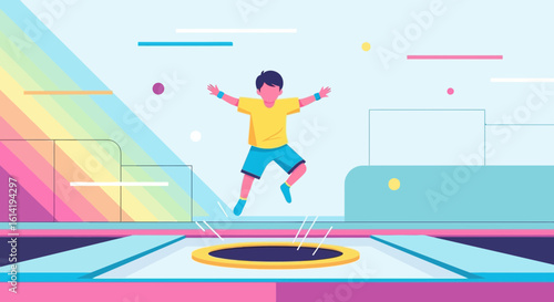Joyful Jumps Happy Boy Enjoying Freedom on Trampoline Vibrant Background