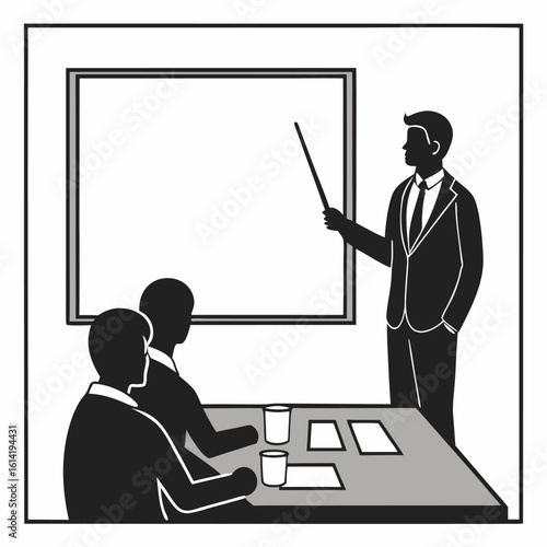 Vector art of a business presentation with a speaker and two attendees