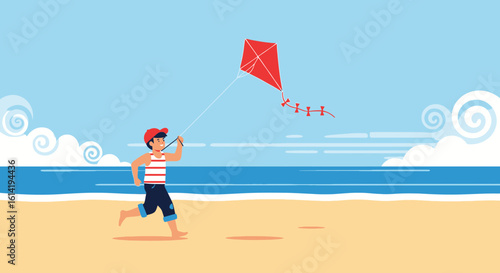 Joyful Seaside Activity Boy Running With Kite On The Beach In Summer Vacation
