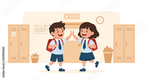 Joyful Students Celebrating Success In School Hallway With High Five
