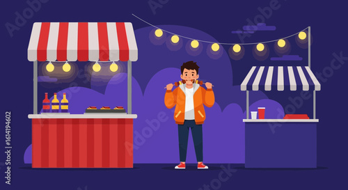 Joyful Young Man Enjoys Skewers At A Festive Night Market Cartoon Vector