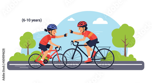 Kids Enjoying Cycling Adventures In The Park On A Sunny Day Illustration