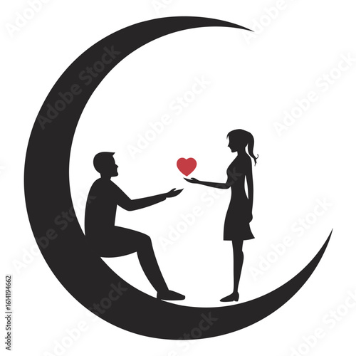 Vector art of a couple shares a heart on the moon in a romantic silhouette