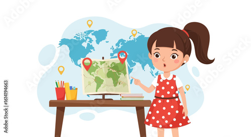Girl Presenting Geography Lessons with A Big World Map In The Background