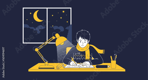 Late Night Studies Depicts A Focused Young Boy Studying At His Desk
