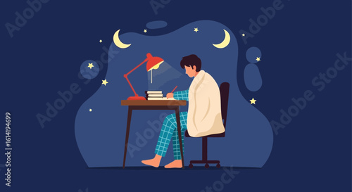 Late Night Study Session Of a Student Under Moon And Star Illustration