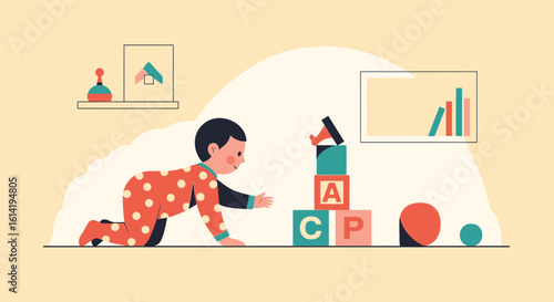 Little Baby Enjoying His Time Playing And Learning With Colorful Blocks