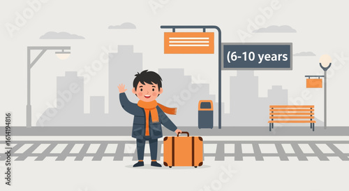 Little Boy At The Train Station Ready To Board For A New Adventure