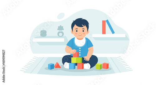 Little Boy Building A Tower With Colorful Blocks In His Room Illustration