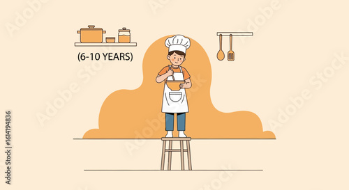 Little Boy Chef Standing On A Stool Is Preparing Food In The Kitchen