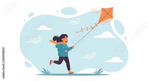 Girl Running With Kite In Sky Expressing Freedom And Joyful Childhood