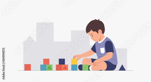 Little Boy Constructing Tower From Colorful Blocks Against Abstract Cityscape