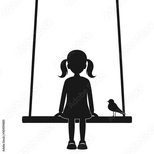 Vector art of a silhouette of a girl on a swing with a bird isolated on white background