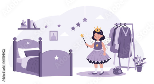 Little Fairy With Crown And Magic Wand In A Nursery Room At Home