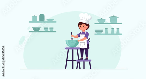 Little Chef Preparing Meal In Kitchen With Utensils On Shelves Illustration