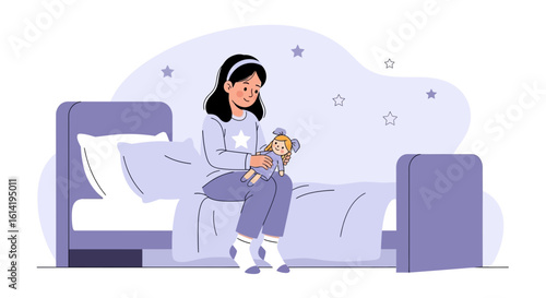 Girl With Doll In Bedroom Before Sleep Bedtime Routine Illustration