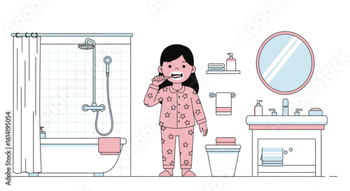 Little Girl Brushing Her Teeth In The Bathroom In Pink Starry Pajamas