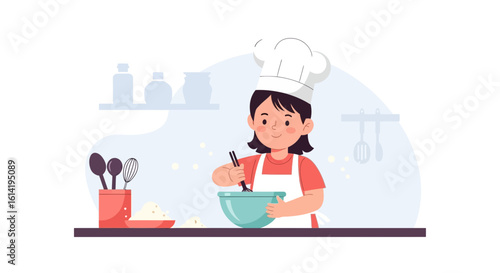 Little Girl Chef Prepares Dough In The Kitchen Mixing Ingredients