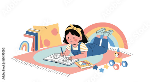 Little Girl Drawing In Her Book Lying On The Rug Next To Her Toys