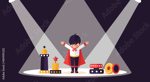 Little Superhero Showman Triumphing On Stage Under Bright Spotlights