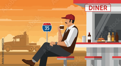 Long Haul Rest Stop Illustration With Diner And Weary Trucker Silhouette