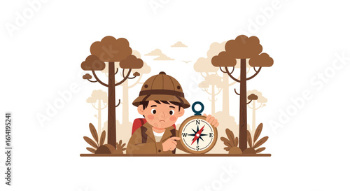 Lost Explorer Boy Navigating the Forest with Compass for Adventure