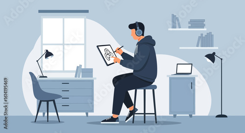 Man Drawing On Tablet With Pen And Headphones In An Interior Room
