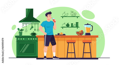 Man Drinking Smoothie After Workout Routine in Modern Kitchen Illustration