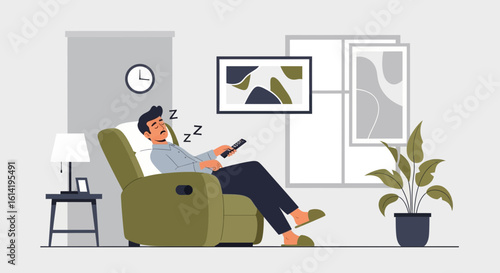 Man Drowsing Off in Comfortable Armchair After Lengthy Day At Home