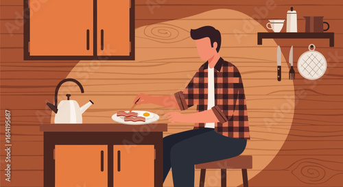 Man Enjoying Delicious Breakfast of Bacon and Eggs in Cozy Wood Kitchen Setting