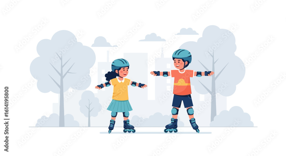 Fototapeta premium Happy Children Learning To Roller Skate Safely In The Park Together