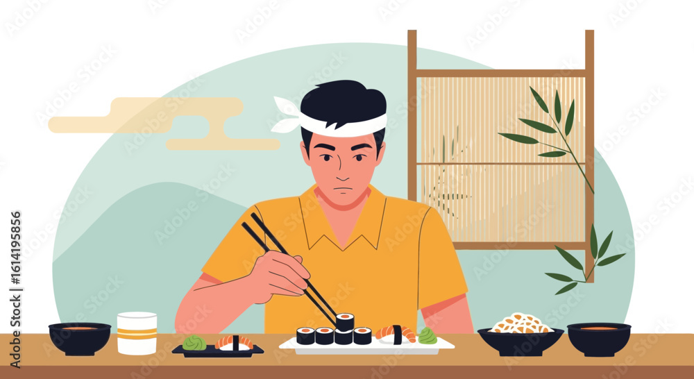 Fototapeta premium Man Enjoys Japanese Cuisine With Sushi Rolls at Restaurant Setting Concept