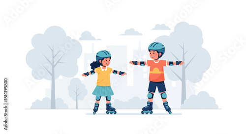 Happy Children Learning To Roller Skate Safely In The Park Together