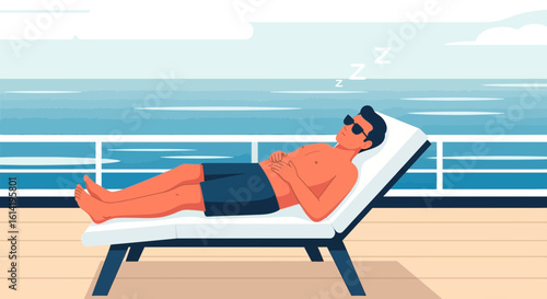 Man Enjoying Sunbath and Relaxation on a Cruise Ship Deck Chair