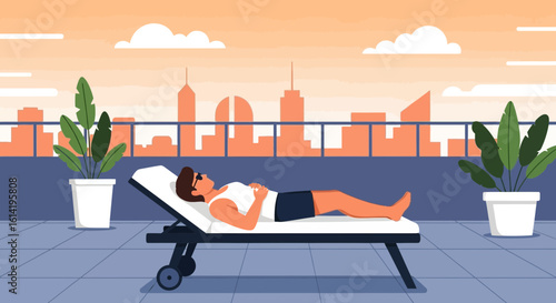 Man Enjoying The Sun On A Rooftop Terrace Overlooking The City Skyline