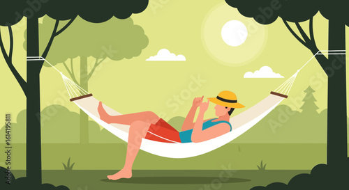 Man Enjoying Sunny Day In Hammock Relaxing Summer Vacation Concept