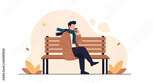 Man Enjoys Coffee Break In The Park During Autumn Season Scene