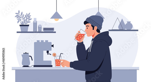 Man Enjoys Refreshing Juice Drink At Home Stylishly Decorated Kitchen Interior