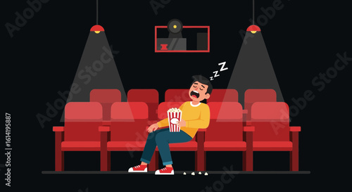 Man Falls Asleep During A Movie At The Cinema With A Popcorn