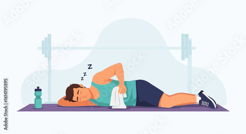 Man Exhausted Sleeping On Exercise Mat In Gym After Workout Session