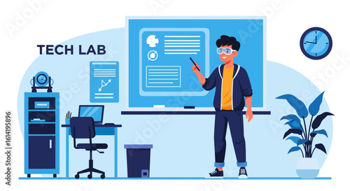 Man Explaining Data Analysis In Futuristic Tech Lab Presentation Design