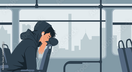 Sleepless Commuter Weary Traveler Napping During Monochromatic Transit Ride